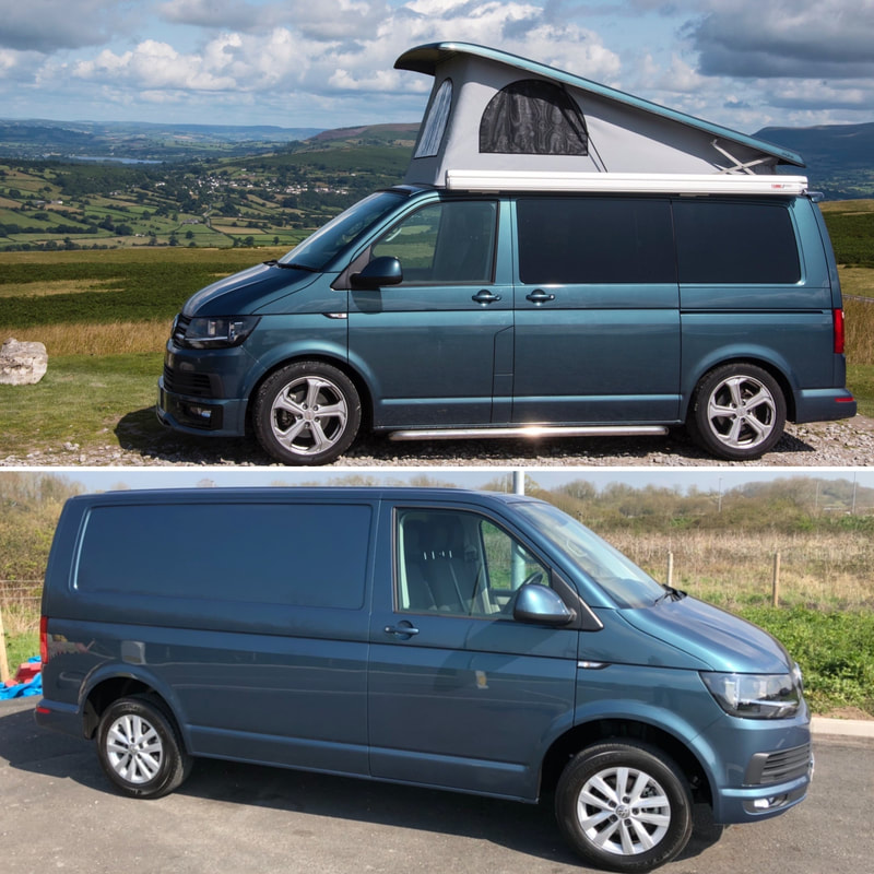 VW T6 Campervan conversion in Bamboo Green, before and after, showcasing a complete custom conversion from T6 panel van into full 4 berth camper conversion. We are your vw transporter specialists in south wales.