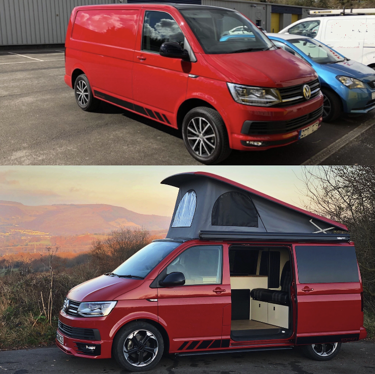 PictureVW T6 Campervan conversion in Cherry Red, before and after, showcasing a complete custom conversion from T6 panel van into full 4 berth camper conversion. We are your vw transporter specialists in south wales.